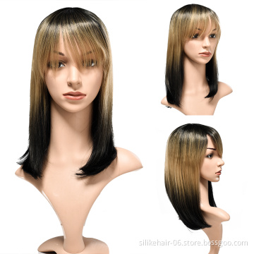 16 Inches Straight with Flat Bangs Synthetic Dyeing Gradient Short Straight Wigs Hair for Women Natural As Real human wigs Hair